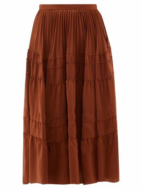 Rochas - Tiered Silk Crepe De Chine Midi Skirt - Womens - Brown