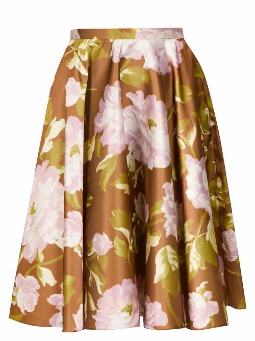 Rochas - Floral-print Satin Skirt - Womens - Green Multi