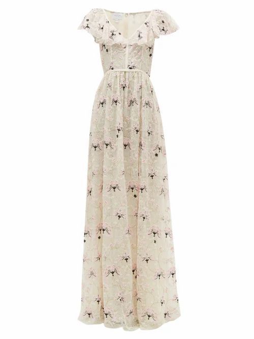 Giambattista Valli - Floral-embroidered Chantilly-lace Tulle Gown - Womens - Ivory Multi