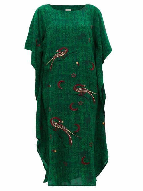 Chufy - Kaf Peacock And Celestial-embroidered Kaftan Dress - Womens - Green Print