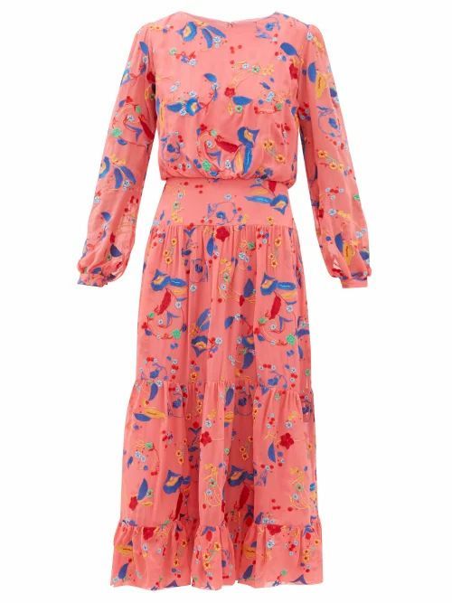Saloni - Isabel Floral-embroidered Silk Midi Dress - Womens - Pink Multi