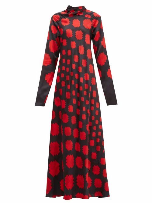 Marni - High-neck Pixel-print Satin Maxi Dress - Womens - Black Red