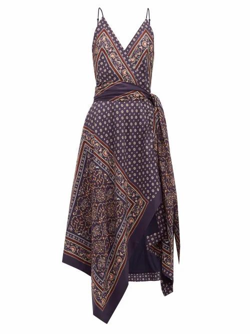 Jonathan Simkhai - Geometric-print Satin-twill Wrap Dress - Womens - Navy Multi