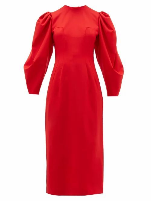 Sara Battaglia - Backless Balloon Sleeve Wool-blend Midi Dress - Womens - Red