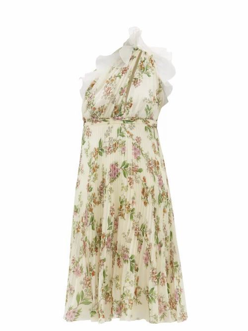 One-shoulder Floral-print Plissé Silk Dress - Womens - Ivory Multi