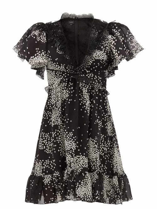 Giambattista Valli - Square-print Lace-trimmed Silk-georgette Dress - Womens - Black White