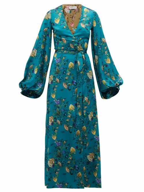 Adriana Iglesias - Floral-printed Silk-blend Wrap Dress - Womens - Blue Multi