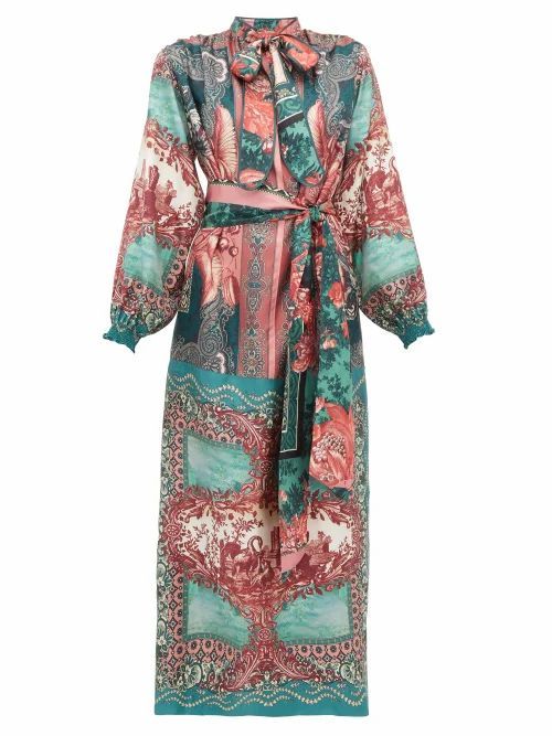F.r.s - For Restless Sleepers - Brizio Pussy-bow Printed-silk Maxi Dress - Womens - Green Multi