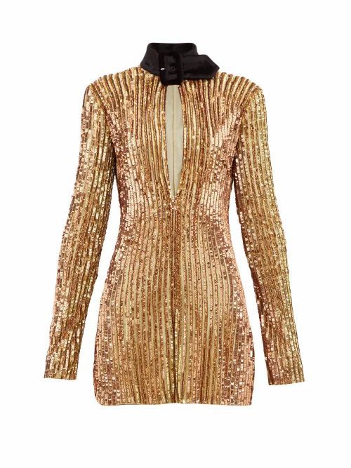 The Attico - Velvet-collar Sequinned Mini Dress - Womens - Gold