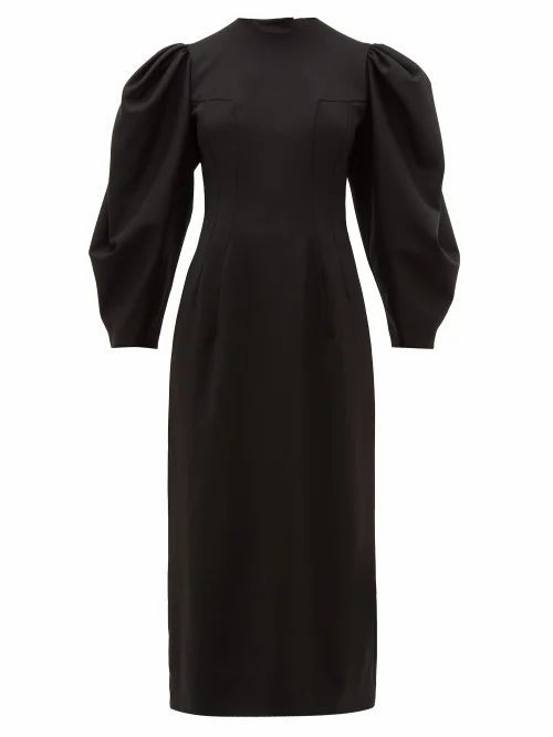 Sara Battaglia - Open-back Balloon-sleeve Wool-blend Twill Dress - Womens - Black