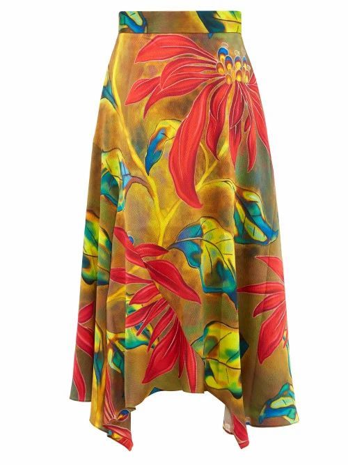 Peter Pilotto - Tropical-print Silk-blend Cloqué Midi Skirt - Womens - Green Multi