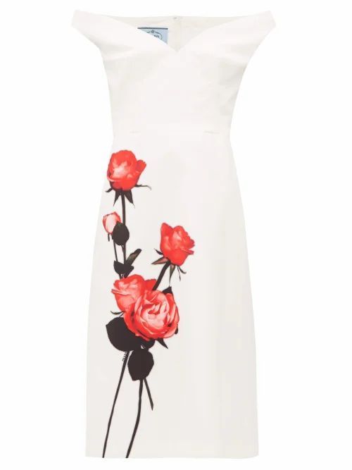 Prada - Rose-print Sweetheart-neckline Cotton Dress - Womens - White Print