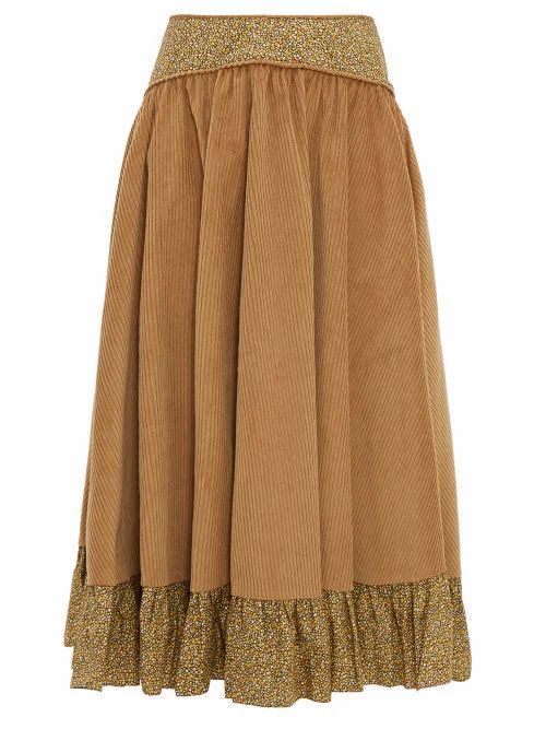 Batsheva - Ruffled Cotton-corduroy Midi Skirt - Womens - Brown