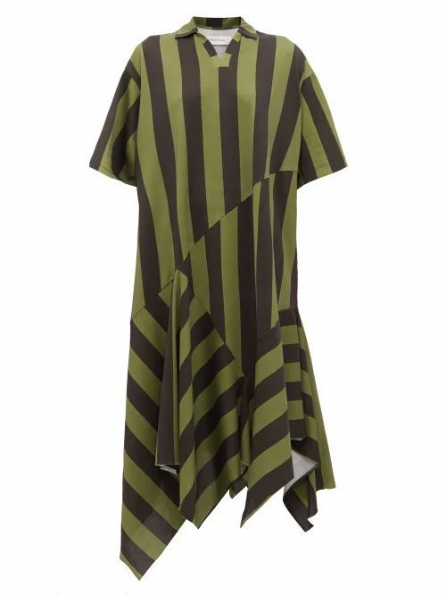 Marques'almeida - Asymmetric-hem Striped Cotton Midi Dress - Womens - Khaki