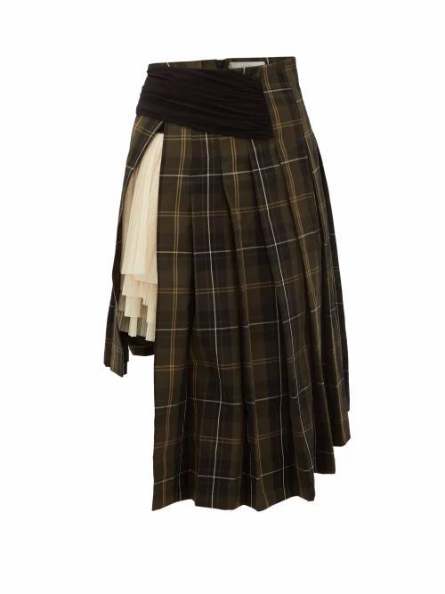 Preen By Thornton Bregazzi - Valery Checked Asymmetric Hem Cotton Skirt - Womens - Green Multi