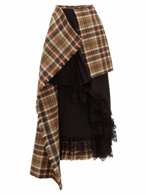Preen By Thornton Bregazzi - Amaya Asymmetric Wool Tartan Skirt - Womens - Brown Multi