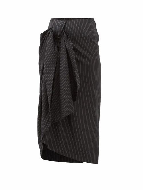 Pinstriped Wool-twill Midi Skirt - Womens - Black