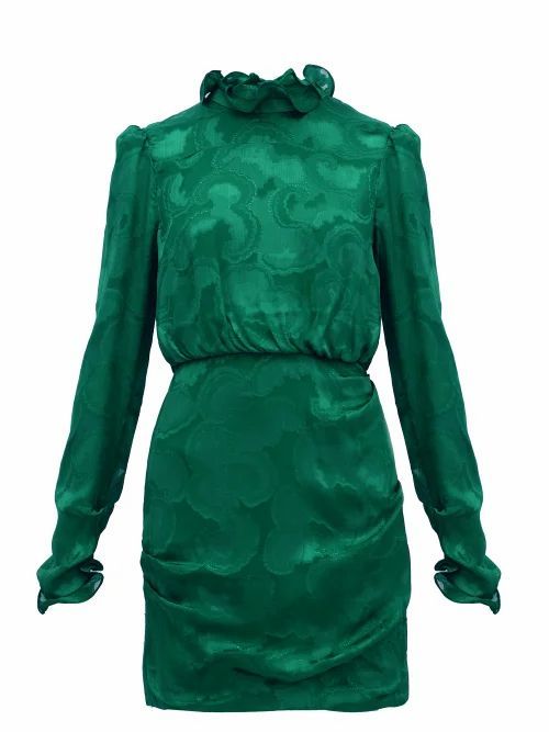 Saloni - Rina Ruffled Silk-blend Jacquard Mini Dress - Womens - Dark Green