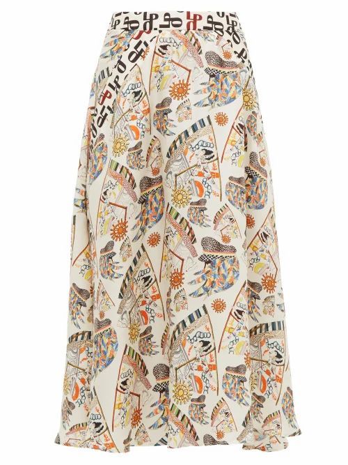 La Prestic Ouiston - Burty Seeing You-print Silk Midi Skirt - Womens - Ivory Multi