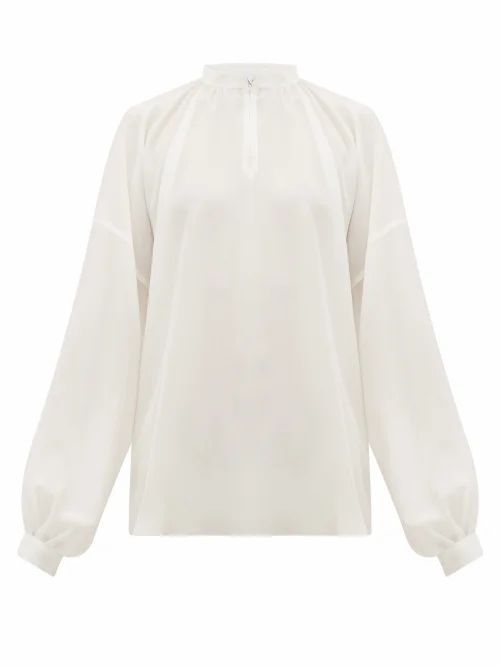 Raey - Gathered Balloon-sleeved Silk Crepe De Chine Top - Womens - Ivory