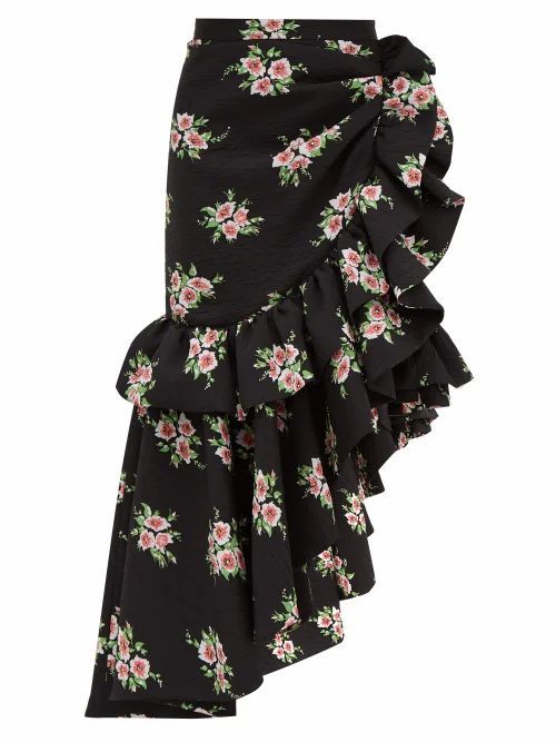 Rodarte - Asymmetric Floral-print Cloqué Midi Skirt - Womens - Black Multi