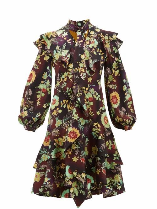 Peter Pilotto - Ruffled Floral Silk-cloqué Dress - Womens - Brown Multi