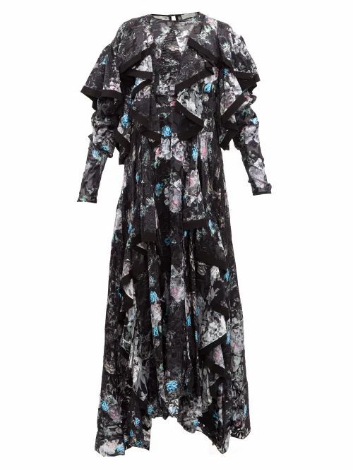 Liza Ruffled Floral Satin-devoré Dress - Womens - Black Multi