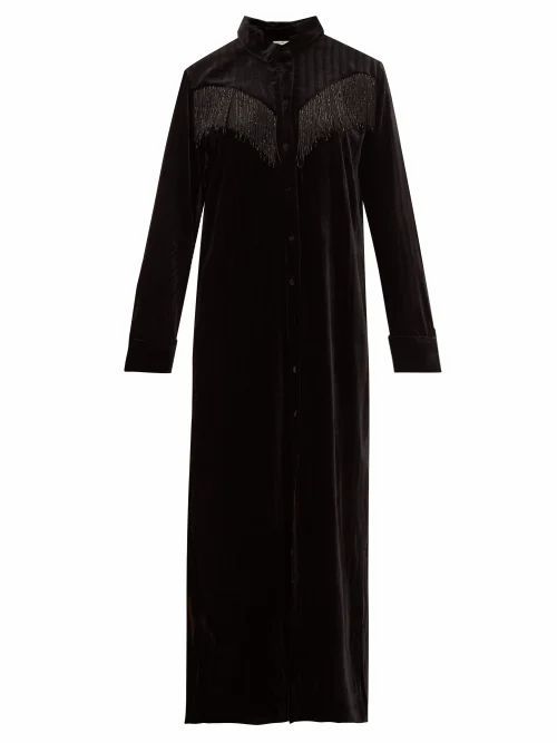 Blazé Milano - Etoile Beaded-fringe Velvet Shirtdress - Womens - Black