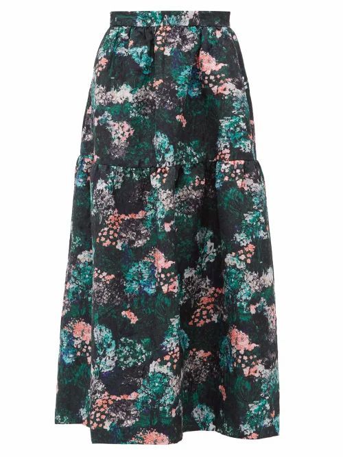 Beulah - Gia Forest Floral-jacquard Drop-waist Skirt - Womens - Green Multi