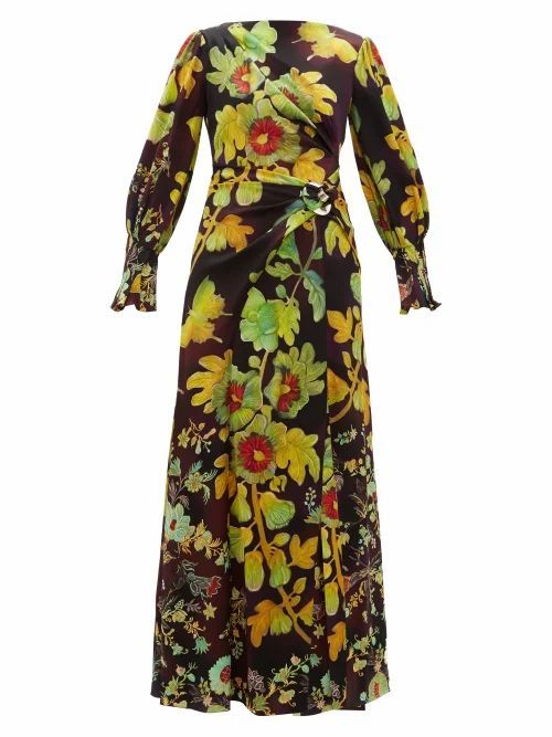 Botanical-print Silk-blend Cloqué Maxi Dress - Womens - Brown Multi