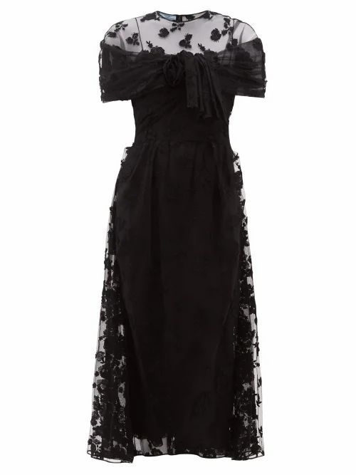 Prada - Floral-appliqué Ruched-mesh Dress - Womens - Black