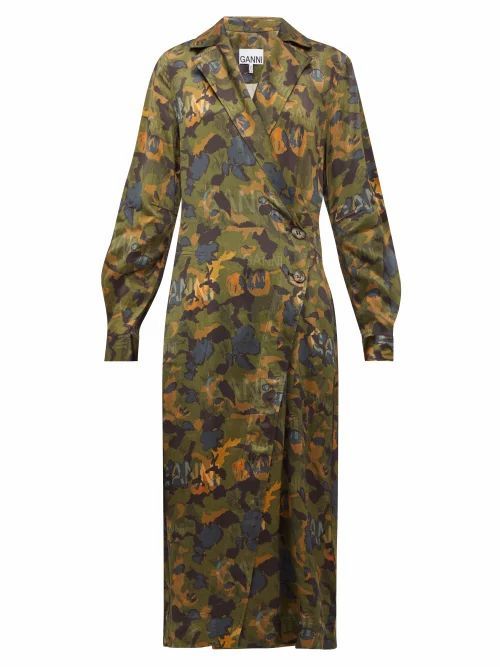 Ganni - Camouflage-print Satin Wrap Dress - Womens - Khaki