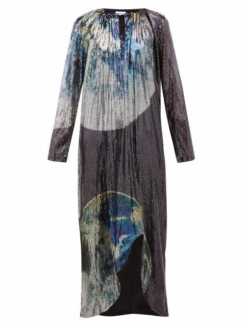 Ganni - Earth-print Front-slit Sequinned Dress - Womens - Multi