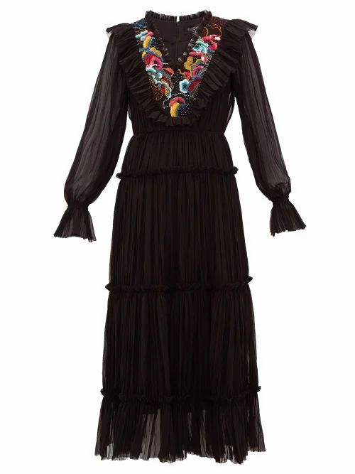 Saloni - Celestine Embroidered Georgette Midi Dress - Womens - Black Multi