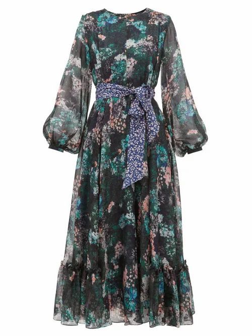 Beulah - Sara Forest-print Silk-chiffon Dress - Womens - Green Multi