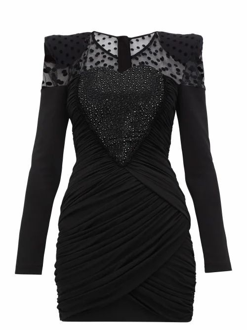 Balmain - Polka-dot Crystal-heart Ruched Chiffon Mini Dress - Womens - Black