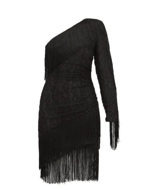 Dundas - Fringed One-shoulder Cotton-blend Lace Mini Dress - Womens - Black