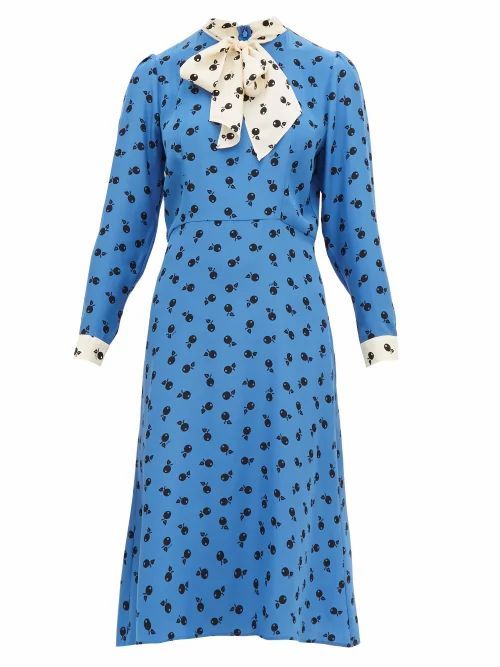 HVN - Elisa Cherry-print Silk-satin Midi Dress - Womens - Blue
