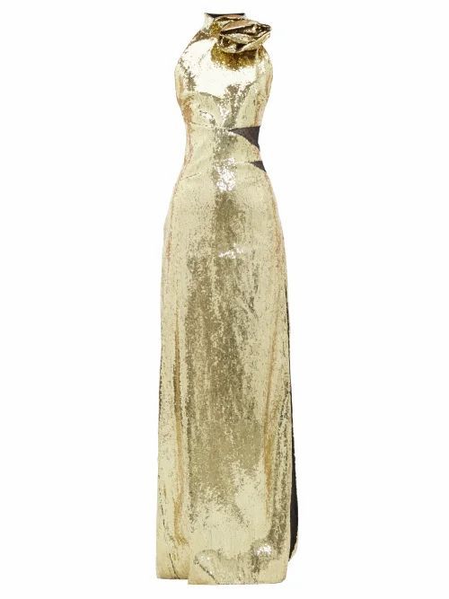 Dundas - Rosette High-neck Sequinned Dress - Womens - Gold
