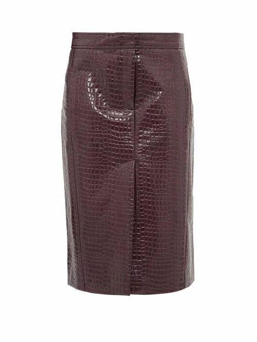 Tibi - Crocodile-effect Patent Midi Skirt - Womens - Burgundy