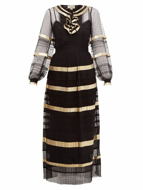 Temperley London - Phantom Pleated Swiss-dot Maxi Dress - Womens - Black Gold
