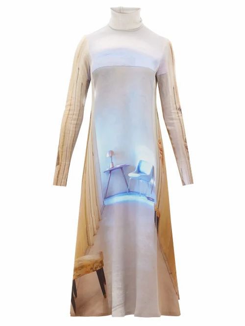Undercover - High-neck Printed Silk Midi Dress - Womens - Beige Multi