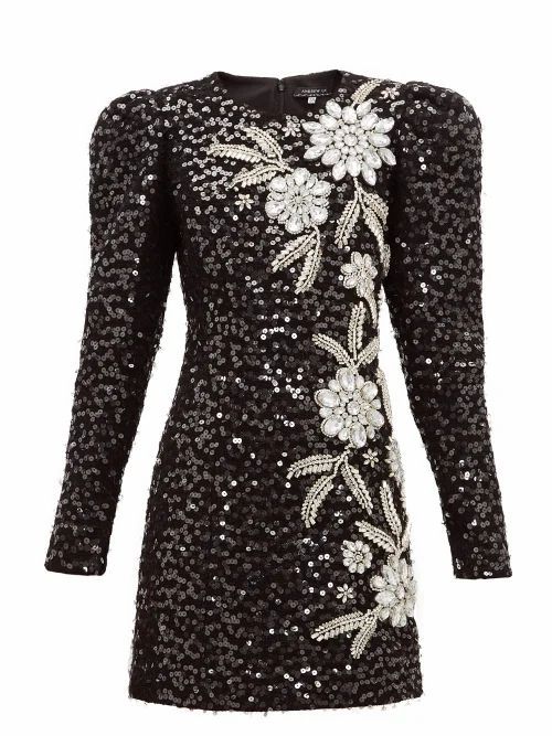 Andrew Gn - Embellished Puff-sleeve Tweed Mini Dress - Womens - Black Silver