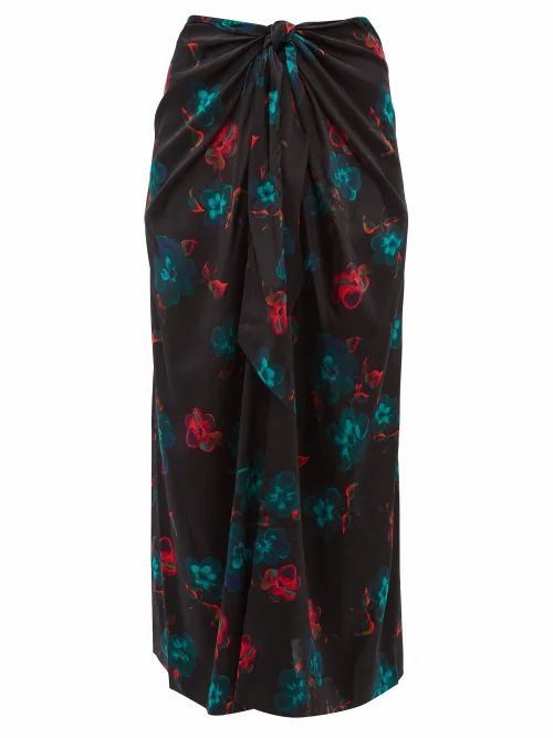 Ganni - Floral-print Tie-front Silk-blend Midi Skirt - Womens - Black Multi