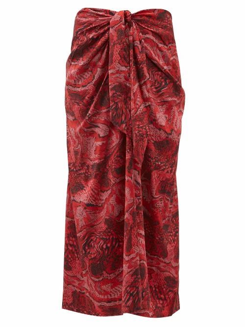 Ganni - Snake-print Silk-blend Satin Midi Skirt - Womens - Red Multi