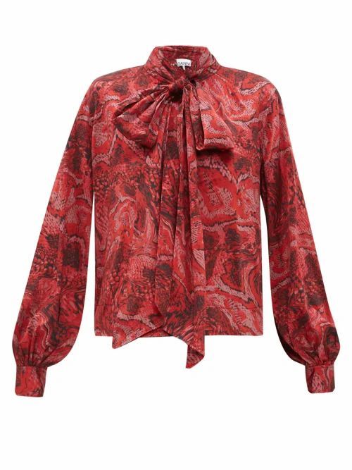 Ganni - Snake-print Silk-blend Satin Blouse - Womens - Red Multi