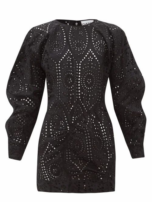 Ganni - Broderie-anglaise Cotton Mini Dress - Womens - Black