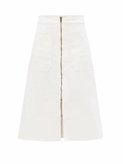 Ssone - Zip-through Organic-denim Midi Skirt - Womens - Ivory