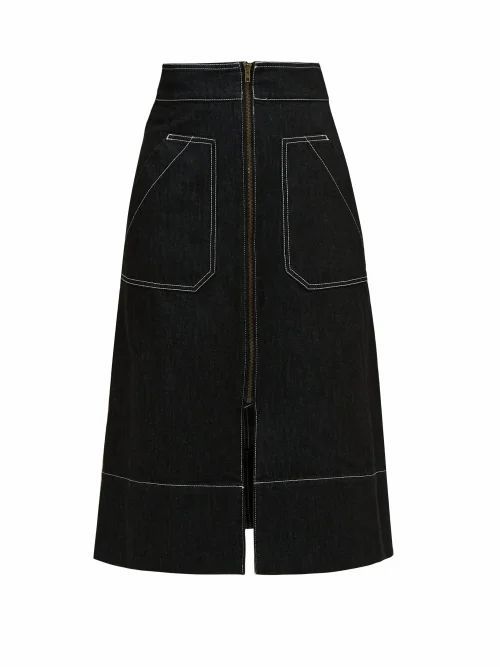 Ssone - Oak A-line Denim Midi Skirt - Womens - Black
