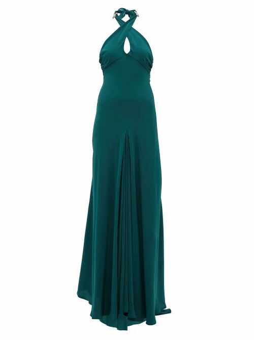 Julia Crossover-halterneck Silk Gown - Womens - Dark Green